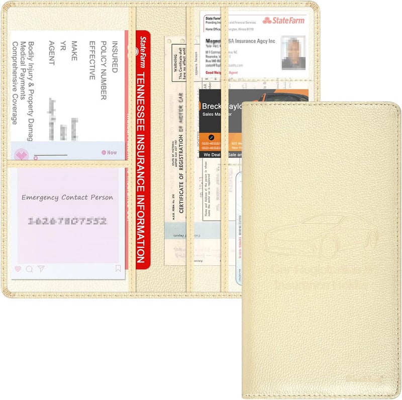 Techion Car Insurance and Registration Holder, 9.5 x 5 Inch PU Leather Vehicle Glove Box Organizer Wallet Case for Insurance Card, Driver License, Paperwork - Champagne - Image 1